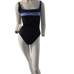 Size 12 Miraclesuit Swimsuit Black w/Blue & White Accents Low Scoop Back